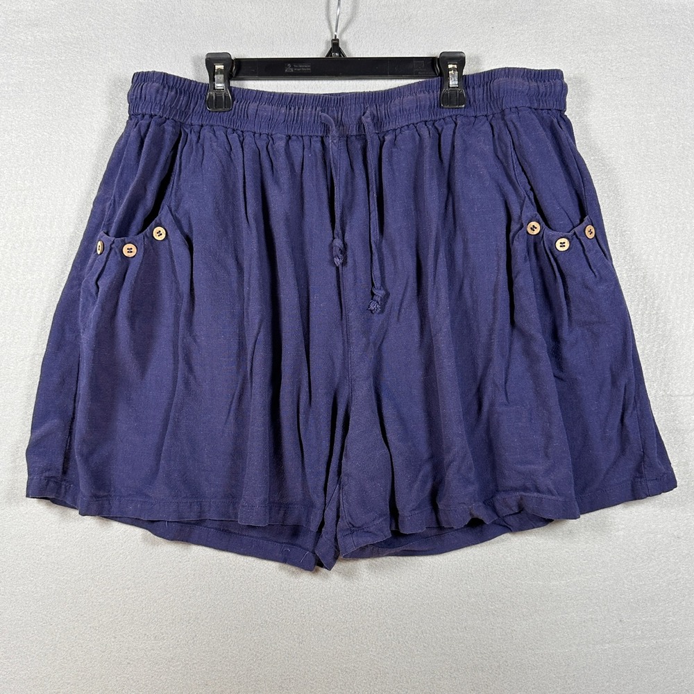 TARSE Womens 2XL Navy Blue Linen Drawstring Shorts Boho Vacation Button Pockets